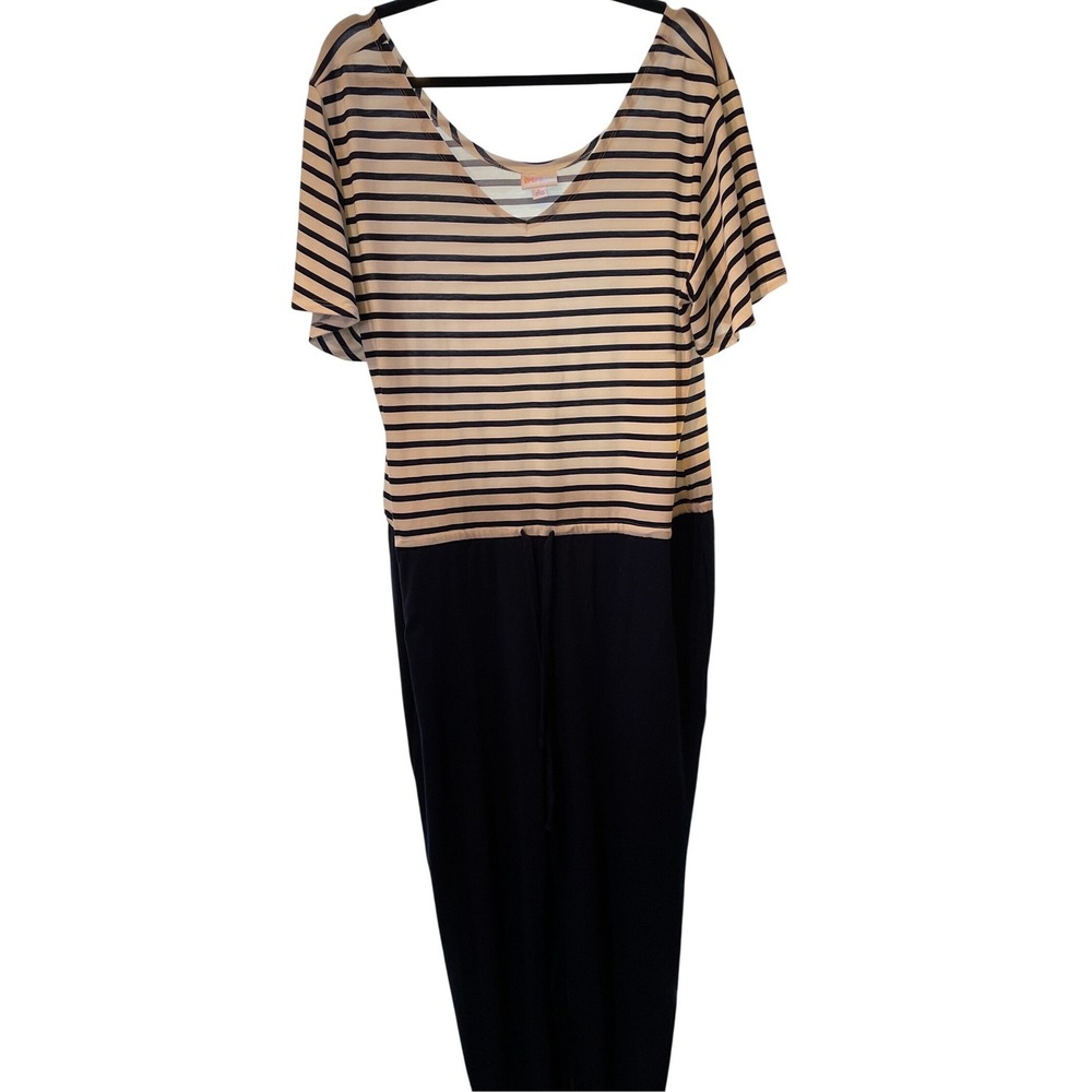 Comfort Ease‎ Striped Maxi Dress Navy Cream Drawstring Waist Women's XL